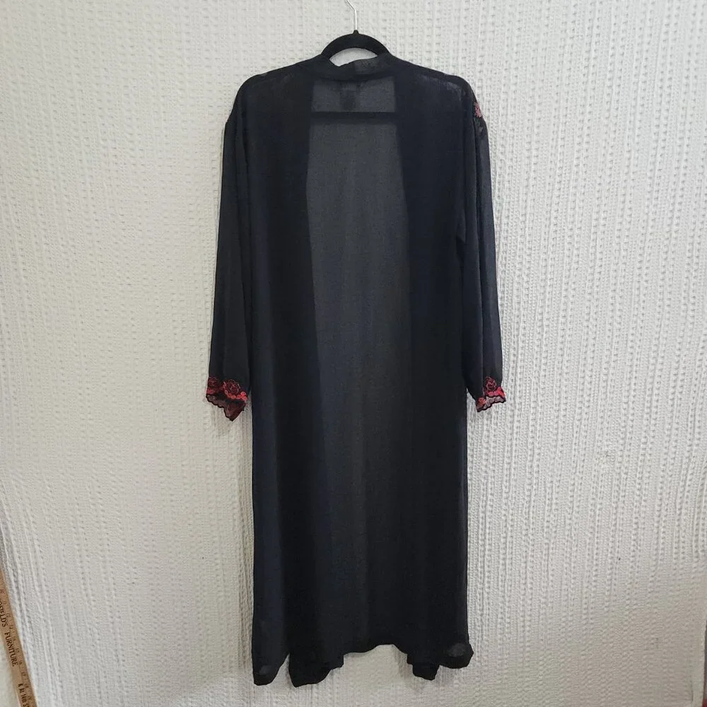 Vintage Private Luxuries Sheer Black Kimono Red Floral Embroidery Lace Robe M